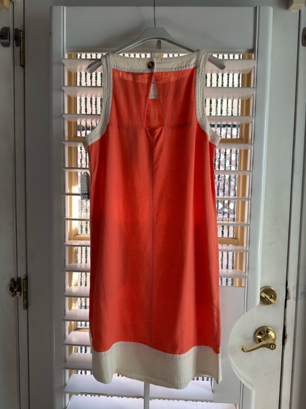 NEW WITH TAGSleeveless 100% linen Shift Dress - Coral with Cream Trim
